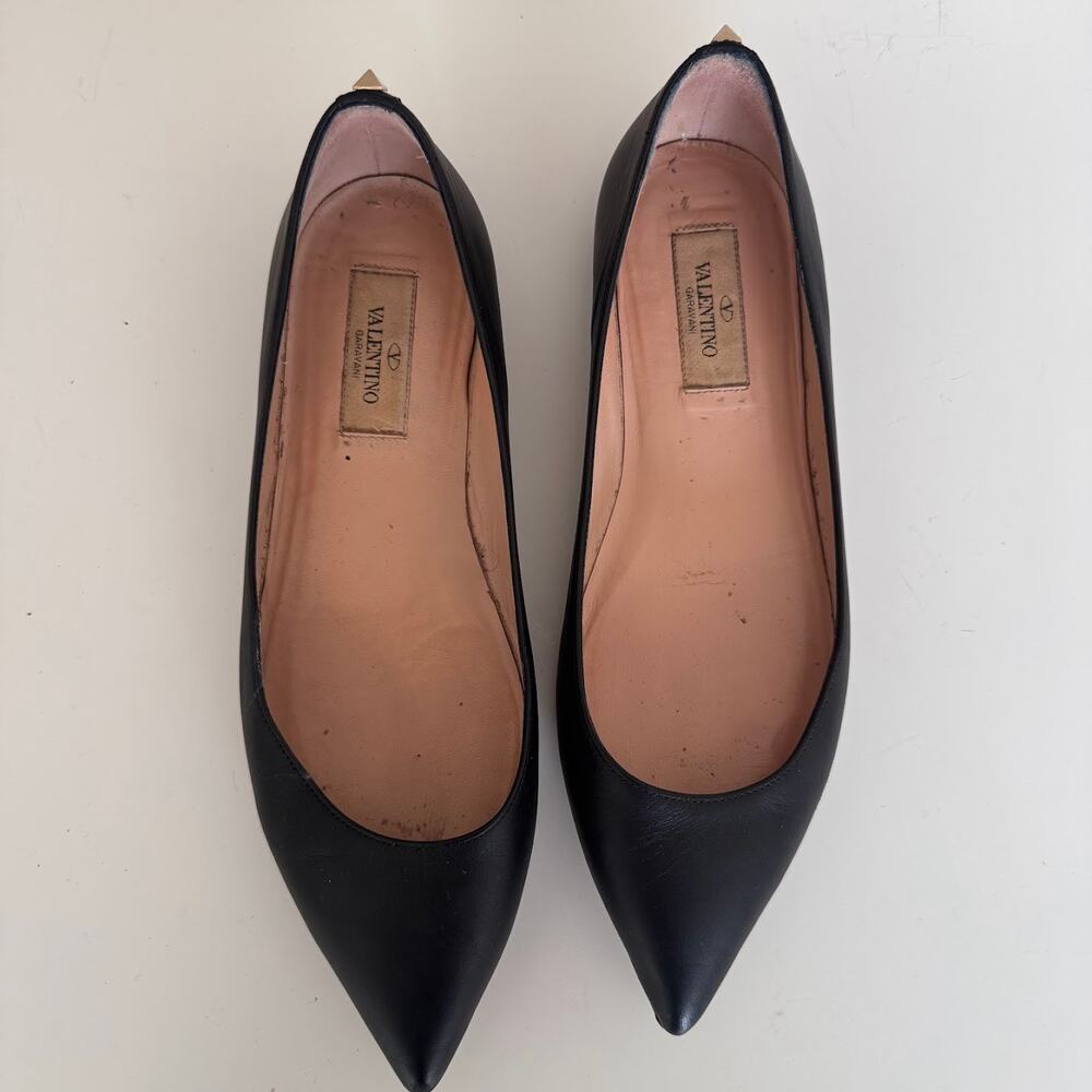 Valentino Black Leather Rockstud Flats Pointed Toe Made in Italy 37 7